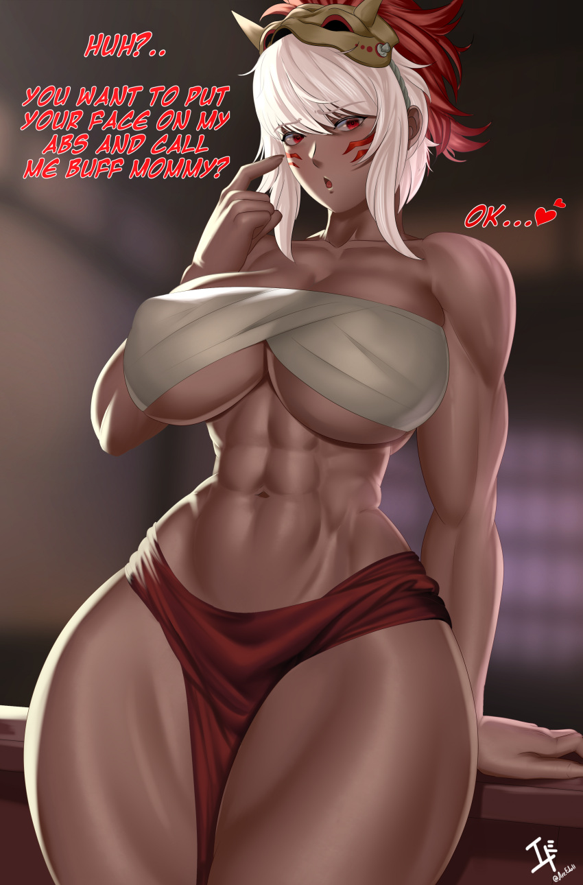 1girls :o abs alternate_breast_size arcedo arm_support bangs bare_arms bare_midriff bare_shoulders bare_thighs big_breasts breasts collarbone confusion covered_nipples dark-skinned_female dark_skin english_text female female_only fire_emblem fire_emblem_fates hourglass_figure huge_breasts large_breasts looking_at_viewer midriff milf muscular muscular_female nintendo open_mouth pelvic_curtain pointing pointing_at_self red_eyes rinkah_(fire_emblem) shoulders solo standing text thick_thighs thighs underboob white_hair wide_hips