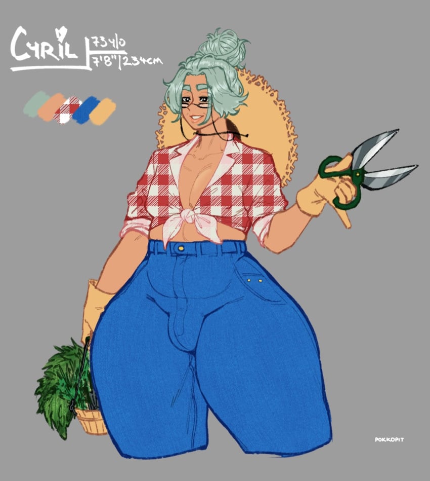 1boy artist_name basket blue_jeans bulge bulge_through_clothing character_profile clothed collarbone curvy cyril dilf english_text father femboy femboy_dilf front-tie_top gardening_tools gilf glasses gloves grandfather grandpa green_hair hair_up hat_around_neck hi_res high_waisted_jeans high_waisted_pants human jeans lips male male_cleavage male_focus male_only mature_male messy_bun midriff midriff_baring_shirt oc old_man original plaid plaid_shirt pokko_(artist) shears simple_background smile solo straw_hat tall thick_eyebrows thick_thighs tied_shirt wide_hips