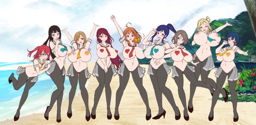 6+girls 9girls absurd_res ahoge alternate_breast_size aqours areola_slip areolae arms_up beach big_breasts black_legwear blue_eyes blue_hair blush bouncing_breasts bow braided_hair breasts brown_eyes brown_hair cilica cloud dark_hair female female_focus female_only flat_chest group_picture hi_res high_heels hourglass_figure kunikida_hanamaru kurosawa_dia kurosawa_ruby large_breasts leggings looking_at_viewer love_live! love_live!_sunshine!! matsuura_kanan medium_hair mountain navel nipple_outline nipple_pasties nipple_slip nipples ocean ohara_mari open_mouth orange_hair ponytail purple_eyes red_hair reverse_bunnysuit reverse_outfit sailor_collar sailor_uniform sakurauchi_riko sand school_uniform short_hair sketch skirt sky small_breasts smile takami_chika teal_eyes tsushima_yoshiko uniform uranohoshi_school_uniform voluptuous voluptuous_female watanabe_you water yellow_eyes