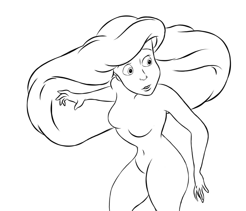 1980s_(style) ariel_(the_little_mermaid) bangs completely_nude contrapposto cropped_legs disney disney_princess eyelashes female greyscale hip_focus leaning_forward line_art lips long_hair looking_away makeup medium_breasts no_nipples no_pussy parted_lips princess royalty simple_background someraindropsonroses_(artist) standing surprised teenage_girl the_little_mermaid_(1989_film) thighs very_long_hair white_background wide-eyed wide_hips