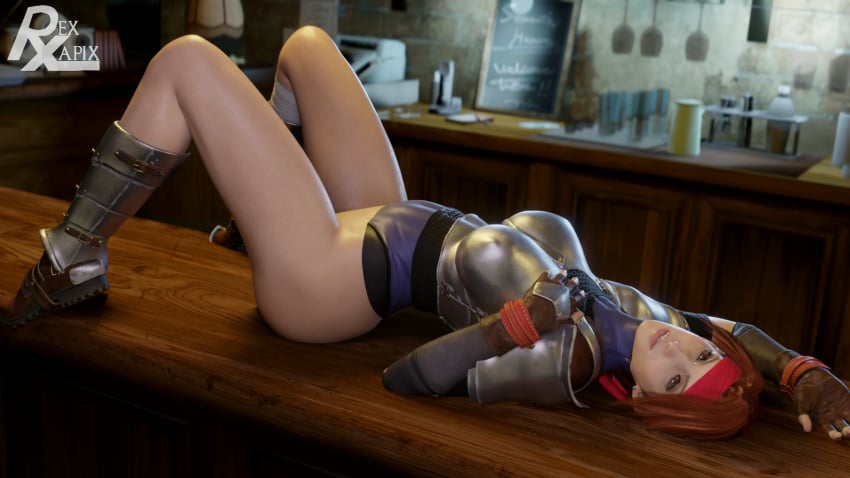 3d ass big_ass blender bottomless brown_hair final_fantasy final_fantasy_vii final_fantasy_vii_remake jessie_rasberry laying_down laying_on_back no_panties rexlapix spread_legs thick_thighs thighs