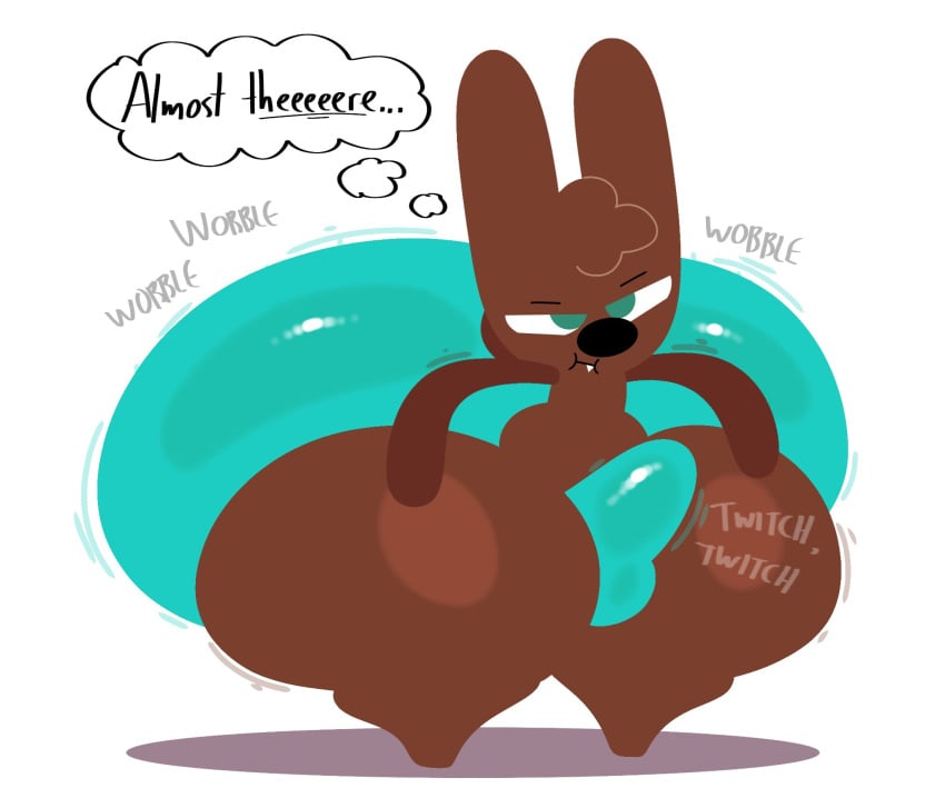 aqua_shorts black_nose breathotter brown_fur brown_tail bulge bulge_through_clothing bunny chocolate_bunny cocoa_the_bunny focus hands-free handsfree_ejaculation huge_ass huge_butt hyper_ass hyper_butt hyper_thighs oc orgasm_without_stimulation original_character pouting rabbit shaking_butt thought_bubble throbbing_penis