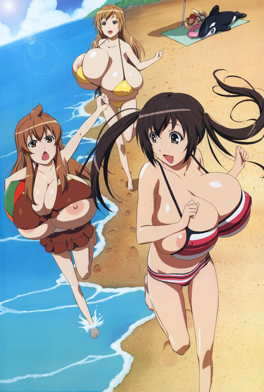 accidental_exposure areola_slip artist_request beach big_breasts bikini bounce bouncing_breasts breasts brown_eyes brown_hair erect_nipples gigantic_breasts hyper_breasts large_areolae minami-ke minami_chiaki minami_haruka minami_kana nipple_slip open_mouth photoshop swimsuit tied_hair twintails wardrobe_malfunction water