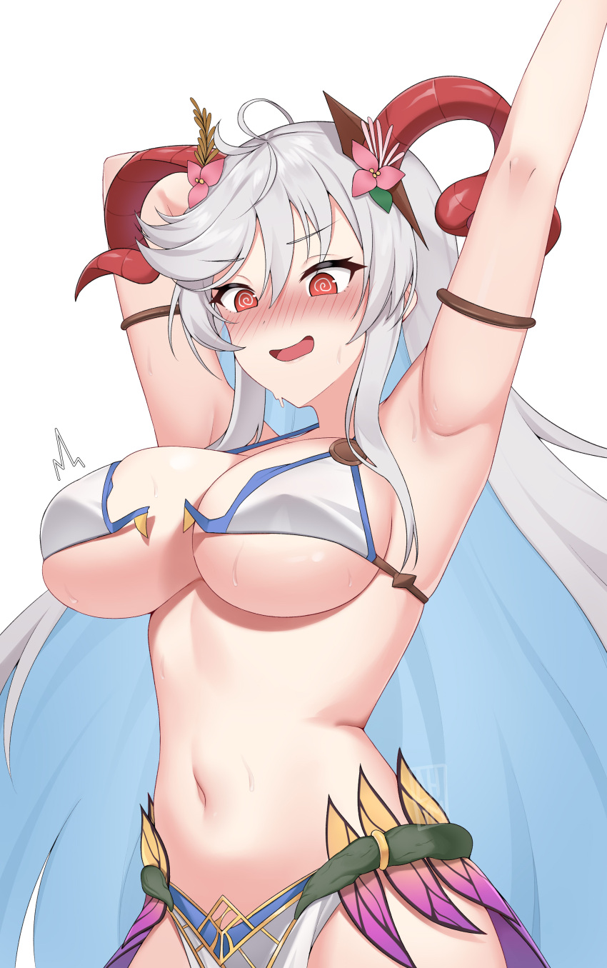 1girls @_@ absurdres alternate_costume arm_up bikini blue_hair blush breasts bursting_breasts chym39 cleavage colored_inner_hair commission covered_nipples curled_horns fire_emblem fire_emblem_heroes flower freyja_(fire_emblem) freyja_(summer)_(fire_emblem) goat_horns gold_armlet grey_hair hair_flower hair_ornament highres horns large_breasts long_hair multicolored_hair nintendo nose_blush official_alternate_costume pelvic_curtain red_eyes red_horns shocked simple_background solo swimsuit upper_body wardrobe_malfunction white_background white_bikini white_swimsuit