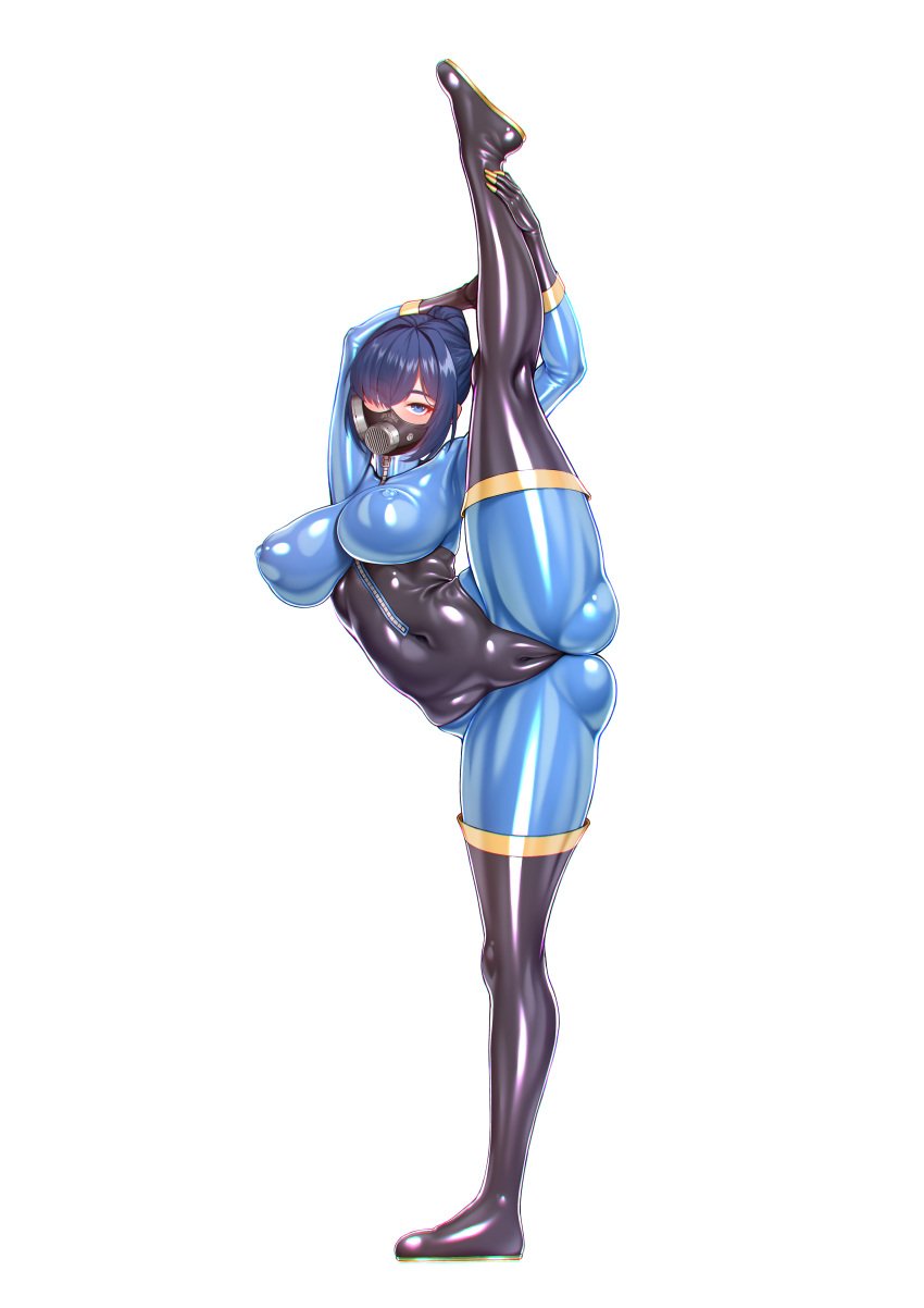 absurdres arms_up black_footwear black_gloves blu_pyro_(tf2) blue_bodysuit blue_eyes blue_hair bodysuit breasts cameltoe commission covered_navel covered_nipples fem_pyro female fempyro full_body gas_mask gloves hair_over_one_eye highres large_breasts latex latex_bodysuit long_hair looking_at_viewer mask non-web_source ponytail pyro_(team_fortress_2) pyro_(tf2) simple_background solo split standing standing_on_one_leg standing_split team_fortress_2 thore_(nathalukpol) white_background zipper