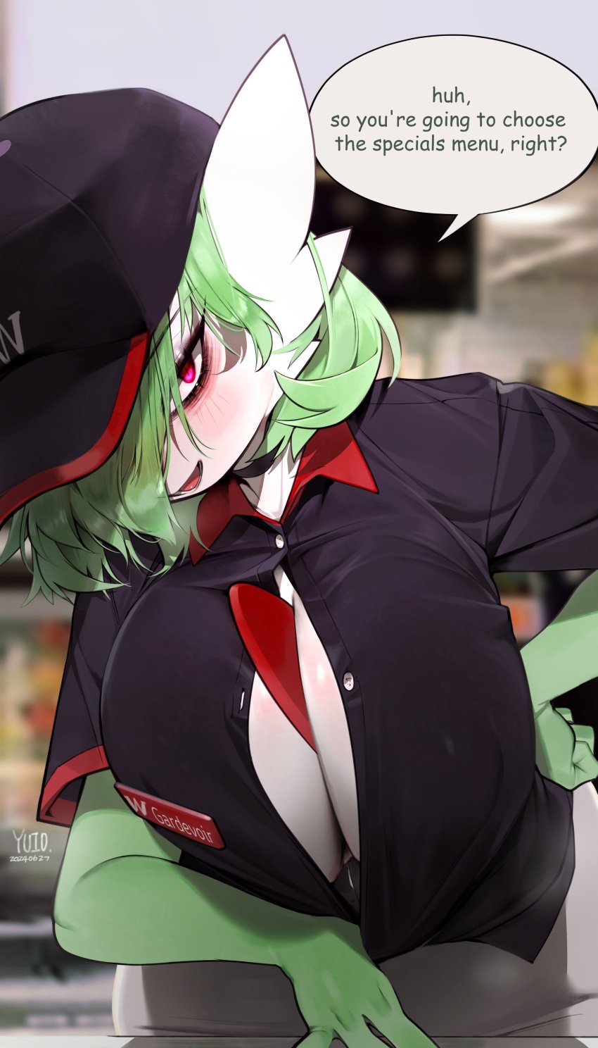 1girls anthro anthro_only bags_under_eyes bedroom_eyes breasts chest_spike cleavage clothed dialogue english_text eye_bags female gardevoir generation_3_pokemon glowing_eyes green_hair hair_over_one_eye hat hi_res huge_breasts naughty_face nintendo pokémon_(species) pokemon pokemon_(species) red_eyes short_hair white_body yuio