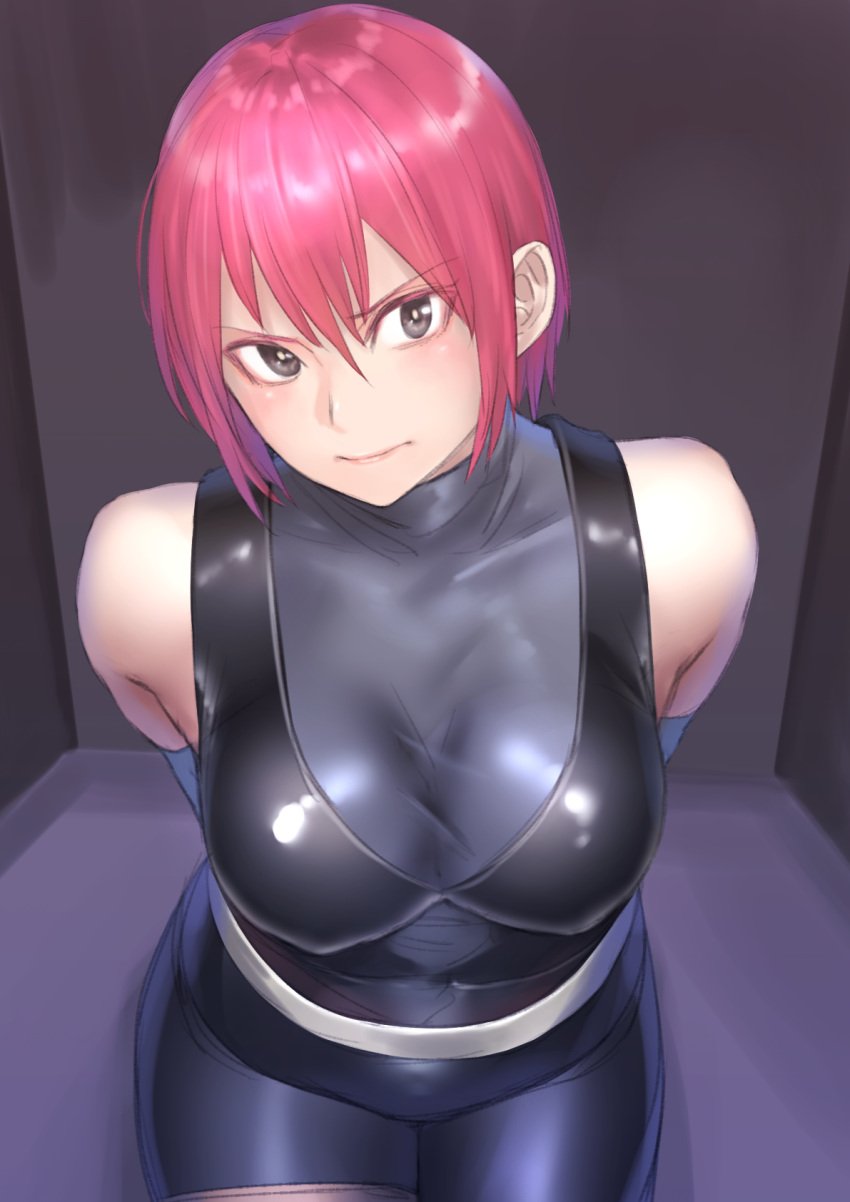 1girls angry armpit_crease arms_behind_back bare_shoulders black_bodysuit black_gloves black_leotard blush bodysuit bodysuit_under_clothes breasts brown_eyes cleavage closed_mouth collarbone commentary_request dino_crisis elbow_gloves female female_only fully_clothed gloves hair_between_eyes highres indoors kilye_kairi large_breasts leotard lips looking_at_viewer pink_hair regina_(dino_crisis) seiza shiny_clothes short_hair sitting skindentation sleeveless sleeveless_turtleneck solo thigh_strap thighs turtleneck