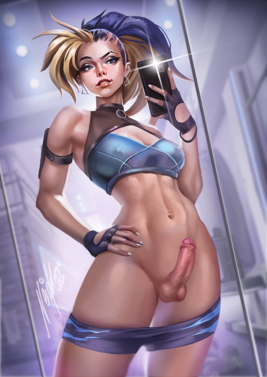 1futa akali akali_jhomen_tethi balls blonde_hair blue_hair bottomless breasts clothed clothing erect_nipples erection futa_only futanari gym gym_clothes human k/da_all_out_akali k/da_all_out_series league_of_legends light-skinned_futanari light_skin long_hair medium_breasts mirror_selfie neiakori nipple_bulge partially_clothed penis solo standing two_tone_hair uncut