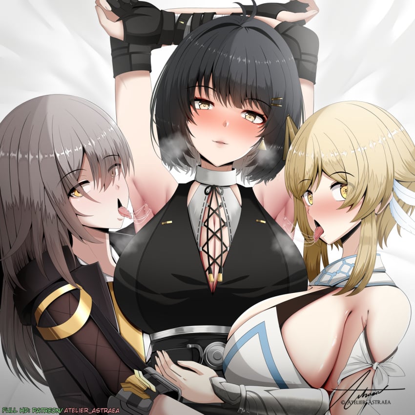 3girls armpit_fetish armpit_licking armpits arms_up astraea_(atelierastraea) black_hair blonde_hair breasts crossover female female_only female_rover_(wuthering_waves) genshin_impact grey_hair honkai:_star_rail honkai_(series) huge_breasts light-skinned_female light_skin long_hair looking_at_viewer lumine_(genshin_impact) multiple_girls naughty_face rover_(wuthering_waves) saliva_trail short_hair stelle_(honkai:_star_rail) wuthering_waves yuri