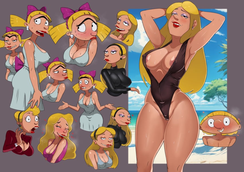 areola_slip areolae armpits arms_up arnold_shortman big_breasts blonde_hair breasts busty cleavage dress earrings erect_nipples eyeshadow female female_only hands_behind_head helga_pataki hey_arnold! hourglass_figure lipstick makeup nickelodeon nipple_bulge one-piece_swimsuit rx120 sideboob swimsuit tagme twintails wet wet_body wet_skin wide_hips