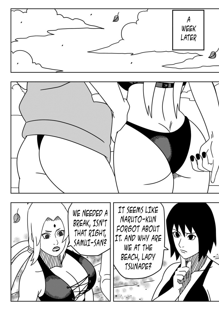 3girls ass ass_focus beach big_ass big_breasts bikini bikini_bottom bikini_top cleavage comic commentary dialogue english_text female female_only hoodie hourglass_figure huge_ass huge_breasts jacket large_breasts lipstick lower_body makeup mature mature_female mature_woman milf naruto naruto:_the_last naruto_(series) naruto_shippuden ninrubio one-piece_swimsuit oppai outdoors revealing_swimsuit sagging_breasts samui seaside shizune skimpy skimpy_bikini speech_bubble story swimsuit teacher_and_student text thong_bikini translated tsunade voluptuous