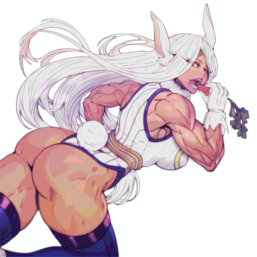 1girls abs ass ass_focus back back_view bare_arms bare_legs bare_shoulders bare_thighs big_ass big_breasts big_butt bunny_ears bunny_girl bunny_tail carrot clothed clothing color dark-skinned_female dark_skin eating female female_focus female_only fit_female hero_outfit_(mha) hi_res large_breasts long_hair looking_at_viewer master_dcj miruko muscles muscular muscular_arms muscular_back muscular_female muscular_legs muscular_thighs my_hero_academia red_eyes rumi_usagiyama solo solo_female thick_thighs white_hair