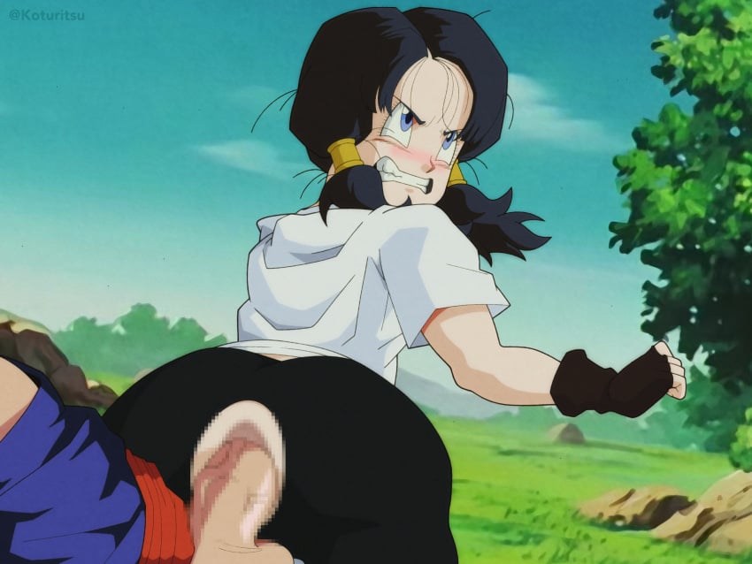 1boy 1boy1girl 1girls 2d accurate_art_style anal anal_penetration anal_sex bike_shorts black_hair blue_eyes blush bottomwear censored clenched_teeth clothed_sex clothes clothing dark_hair dragon_ball dragon_ball_z female fingerless_gloves full_color human kangarart koturitsu light-skinned_female light_skin male mosaic_censoring outdoor_sex outdoors partially_clothed penis penis_in_ass pigtails public sex sex_from_behind son_gohan spats tagme topwear torn_spats videl videl_(long_hair)