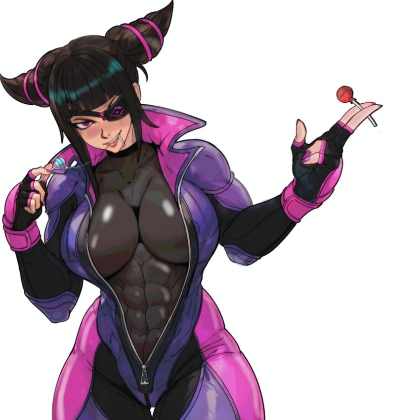 1girls abs big_breasts black_hair blush capcom clothed clothing color female female_focus female_only fit_female hi_res juri_han large_breasts light-skinned_female light_skin lollipop looking_at_viewer master_dcj muscles muscular muscular_female purple_eyes short_hair solo solo_female street_fighter tagme thick_thighs