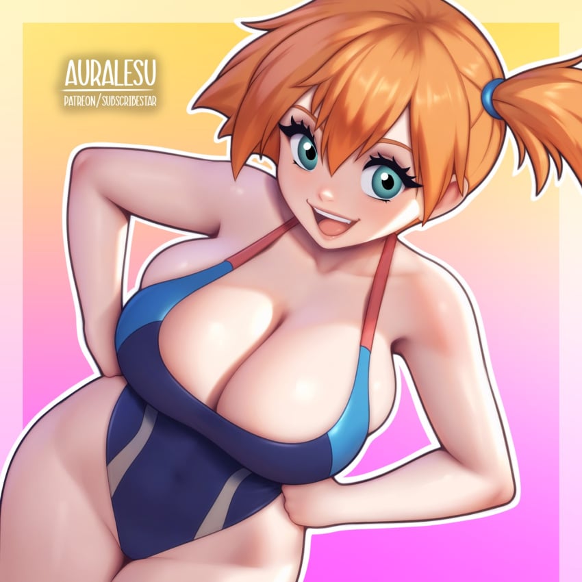 :d ai_generated asymmetrical_hair auralesu bangs bare_shoulders blue_one-piece_swimsuit blue_swimsuit blush breasts cleavage clothing competition_swimsuit covered_navel curvy eyelashes female female_only gen_1_pokemon green_eyes gym_leader hair_between_eyes hair_tie hands_on_hips hips huge_breasts kasumi_(pokemon) large_breasts legs looking_at_viewer navel one-piece_swimsuit open_mouth orange_hair pokemon pokemon_(anime) pokemon_(classic_anime) pokemon_rgby pokemon_species ponytail short_hair side_ponytail smile solo swimsuit teeth thick_thighs thighs tied_hair tongue upper_teeth_only wide_hips