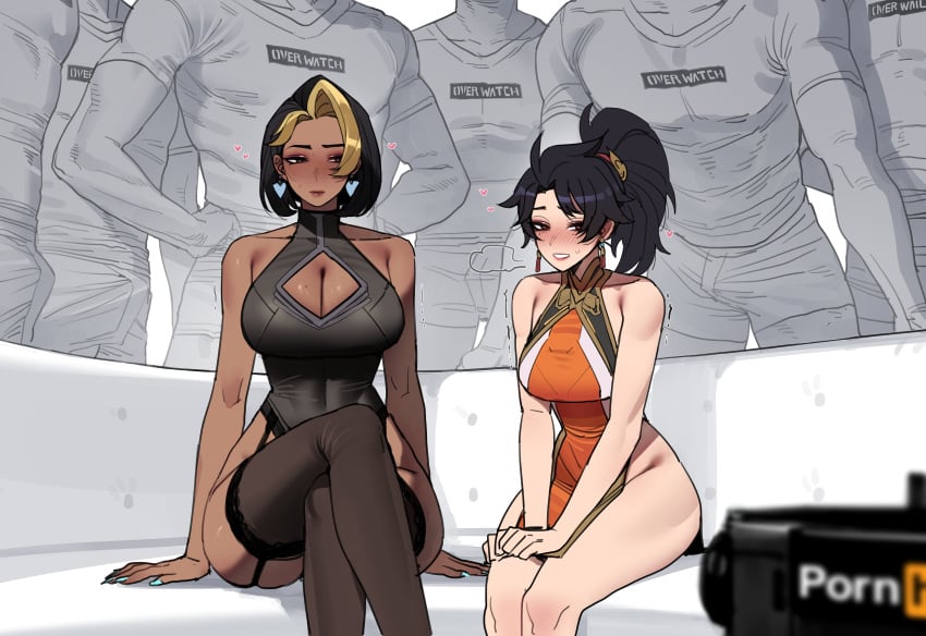 2girls 6boys anran asian_female before_sex big_breasts black_hair blush boob_window brown_skin casting_couch chocolate_and_vanilla cleavage crossed_legs dark-skinned_female dark_skin domina earrings fully_clothed group imminent_gangbang imminent_sex indian_female large_breasts larger_male light-skinned_female light-skinned_male meme multiple_boys muscular nervous orgy overwatch overwatch_2 piper_perri_surrounded ponytail pornhub ratatatat74 short-haired_female short_hair sitting size_difference stockings taller_male thick_thighs thighs unseen_male_face wide_hips wide_thighs