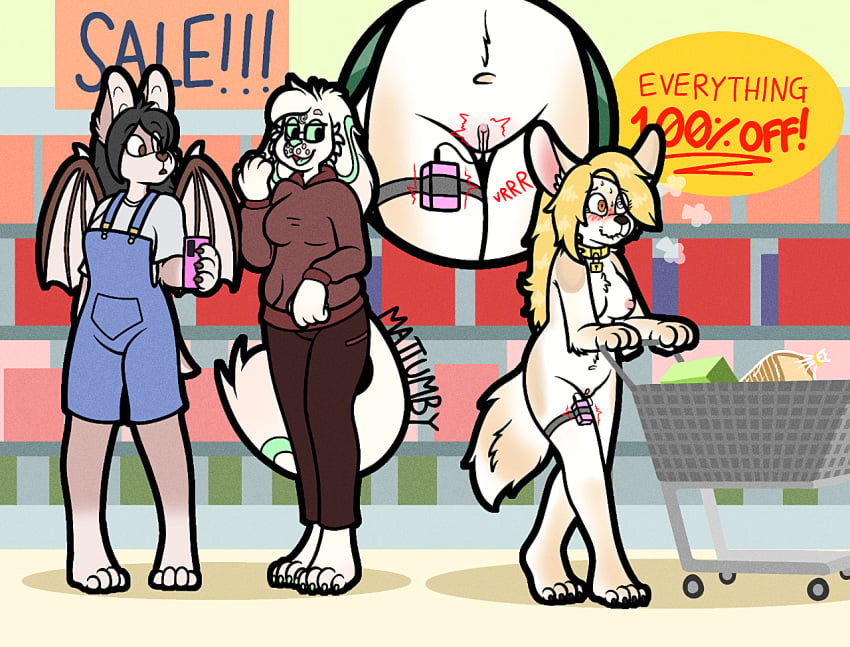 anthro bat black_hair blonde_hair blush bottomwear breasts canid canine canis cellphone clothing collar eeveelution electronics embarrassed exhibitionism eyewear fan_character female fennec_fox flustered fox generation_2_pokemon genitals glasses group hair hoodie inside lock long_hair maddie mammal matt_(mattumby) mattumby nintendo nude overalls pants penetration penny_fenmore phone pokemon pokemon_(species) public public_nudity pussy sex_toy sex_toy_in_pussy sex_toy_insertion shopping shopping_cart smile store topwear trio true_fox umbreon vaginal_penetration vaginal_penetration vibrator vibrator_in_pussy walking wings