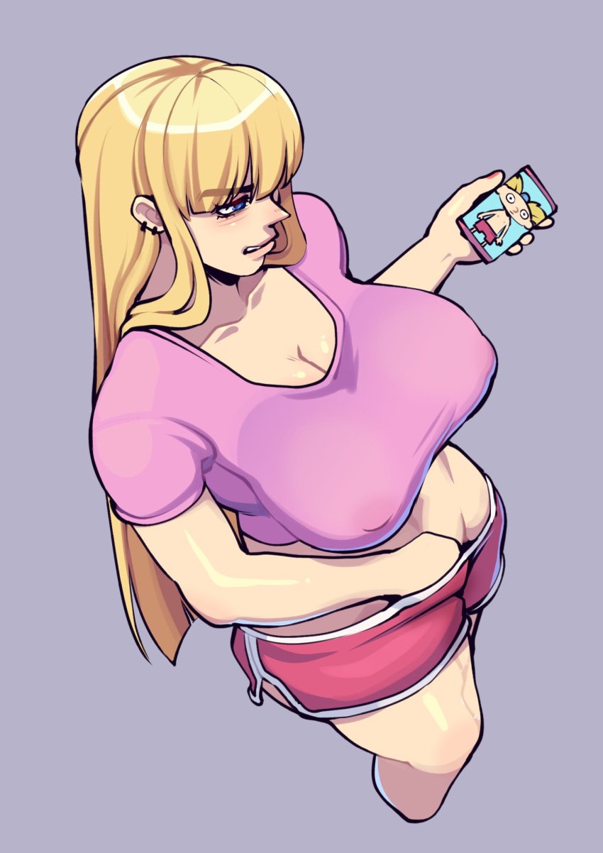 bangs blonde_hair blue_eyes butter_sugoi cleavage ear_piercing earrings erect_nipples eyebrows_visible_through_hair female female_focus female_only helga_pataki hey_arnold! long_hair masturbation nickelodeon nipple_bulge phone tagme