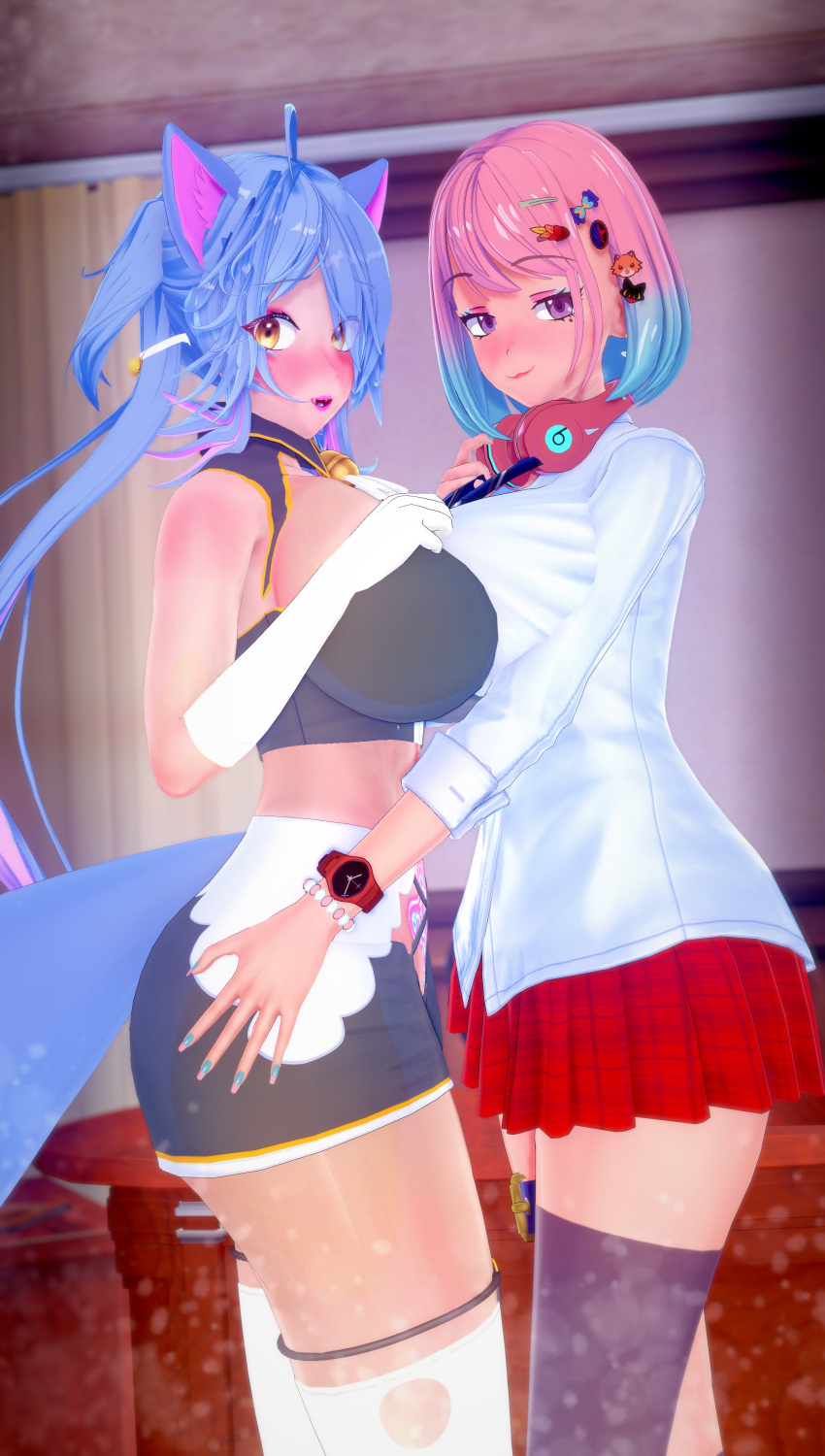 2girls 3d ass big_ass big_breasts big_thighs bracelet breasts cat_ears cat_tail catgirl deluxe_rosie elbow_gloves female female_only gloves hands_on_breasts hands_on_hips headphones indie_virtual_youtuber long_sleeves looking_at_viewer miniskirt multicolored_hair naughty_face open_mouth reiyuguigui revealing_clothes rosie_(vtuber) short_hair skirt thighhighs twintails virtual_youtuber watch yellow_eyes