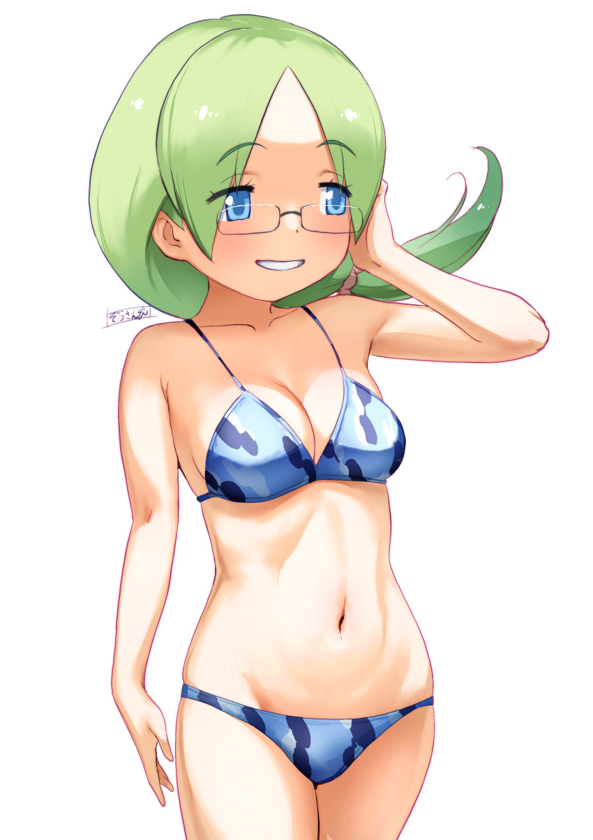 artist_name bangs bare_arms bare_shoulders bikini blue_bikini blue_eyes blue_swimsuit blush breasts clavicle cleavage clothing cowboy_shot dated eyewear female female_only glasses green_hair grin groin hand_on_own_face high_resolution kemono_friends kemono_friends_3 large_breasts large_filesize long_hair looking_at_viewer looking_away looking_to_the_side masuyama_ryou medium_breasts megane mirai_(kemono_friends) navel parted_bangs parted_lips print_bikini semi-rimless_eyewear short_hair signature simple_background smile solo standing swimsuit under-rim_eyewear very_high_resolution white_background