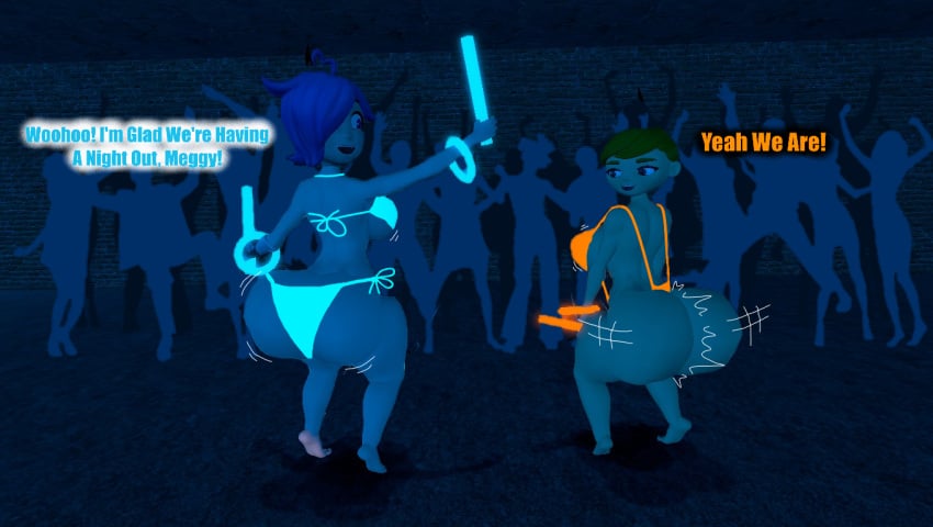 3d 3d_(artwork) ass_bigger_than_head ass_clapping ass_focus big_ass bikini breasts bubble_butt clapping_cheeks dialogue female_only garry's_mod glow_rings glow_sticks glowing_clothes gmod human_meggy kaibernation meggy_spletzer party side_boobs slingshot_bikini smg4 tari_(smg4) text twerking