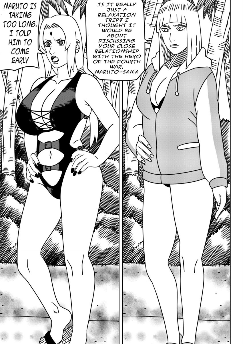 2girls bare_legs bare_shoulders big_breasts bikini bikini_bottom bikini_top blunt_bangs bob_cut cleavage comic commentary dialogue english_text feet feet_out_of_frame female female_only flip_flops full_body hand_on_hip hoodie hourglass_figure huge_breasts jacket large_breasts long_hair mature mature_female mature_woman milf multiple_girls naruto naruto:_the_last naruto_(series) naruto_shippuden ninrubio one-piece_swimsuit oppai outdoors sagging_breasts samui sandals seaside shoulder_length_hair speech_bubble story swimsuit text translated tsunade voluptuous