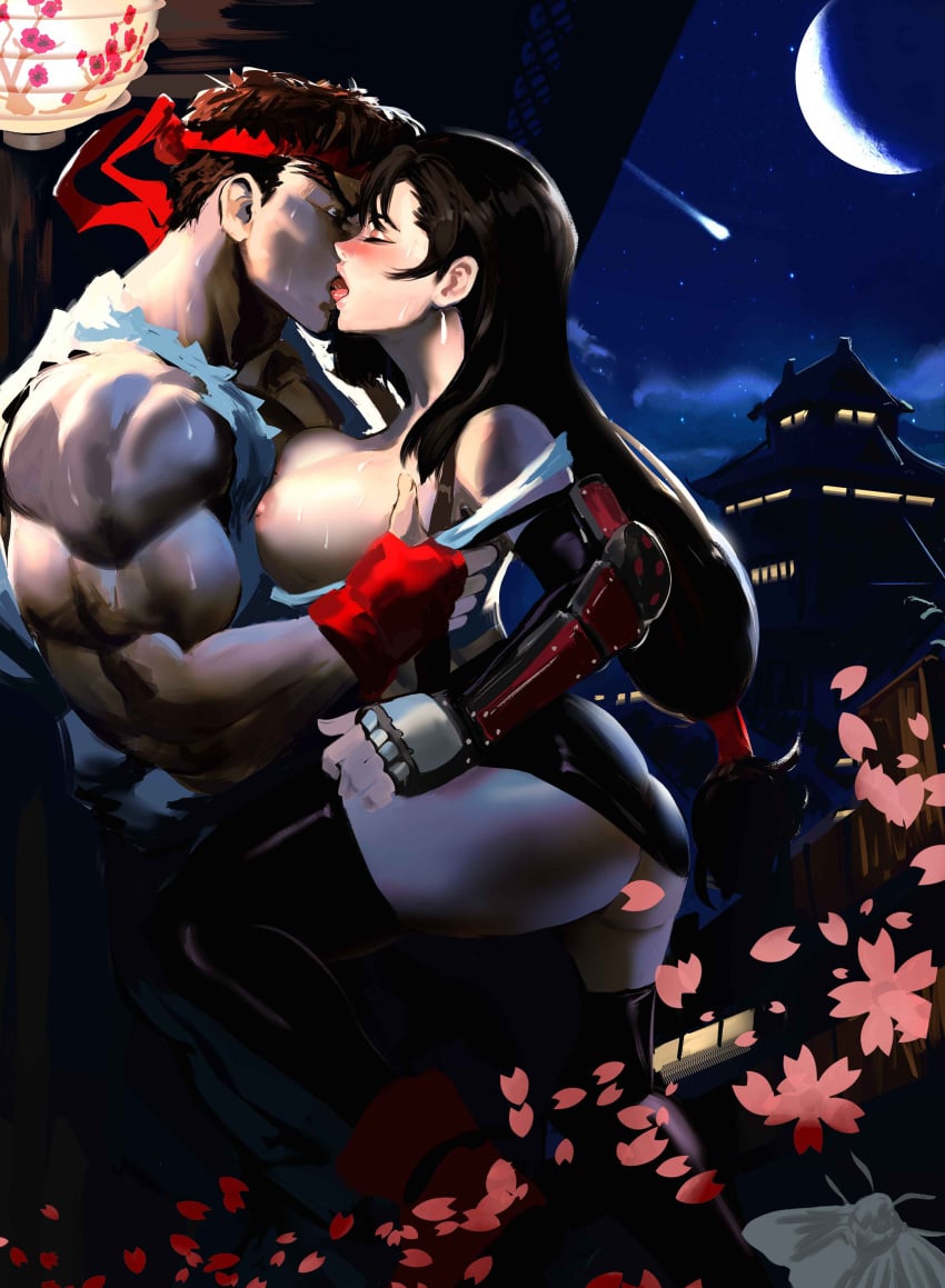 1boy 1girl 1girls 2d absurd_res areolae balcony bandana big_breasts blush capcom castle cherry_blossoms closed_eyes couple crossover crossover_pairing cute_face dark_hair dat_ass dojo exposed_breasts female final_fantasy final_fantasy_vii fit_male french_kiss hair_ornament hi_res hugging human human_only kissing light-skinned_female light-skinned_male light_skin long_hair lovers male male/female mashingvaquita moon moonlight muscular muscular_male night ponytail romantic_couple ryu_(street_fighter) shooting_star square_enix starry_sky street_fighter sweat sweating thick_thighs tifa_lockhart voluptuous voluptuous_female waitress wholesome