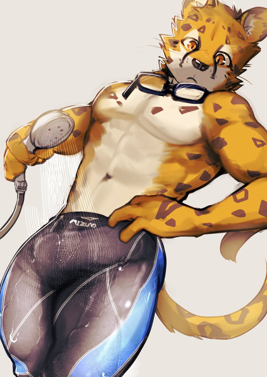 abs absurd_res anthro asleepchef bottomwear bulge cheetah clothing detailed_bulge erection erection_under_clothing eyewear felid feline fur fur_markings goggles hair hi_res male mammal markings multicolored_body multicolored_fur muscular muscular_anthro muscular_male orange_eyes pants pecs shirtless_male solo spandex_clothing spots spotted_body spotted_fur standing two_tone_body two_tone_fur water yellow_body yellow_fur