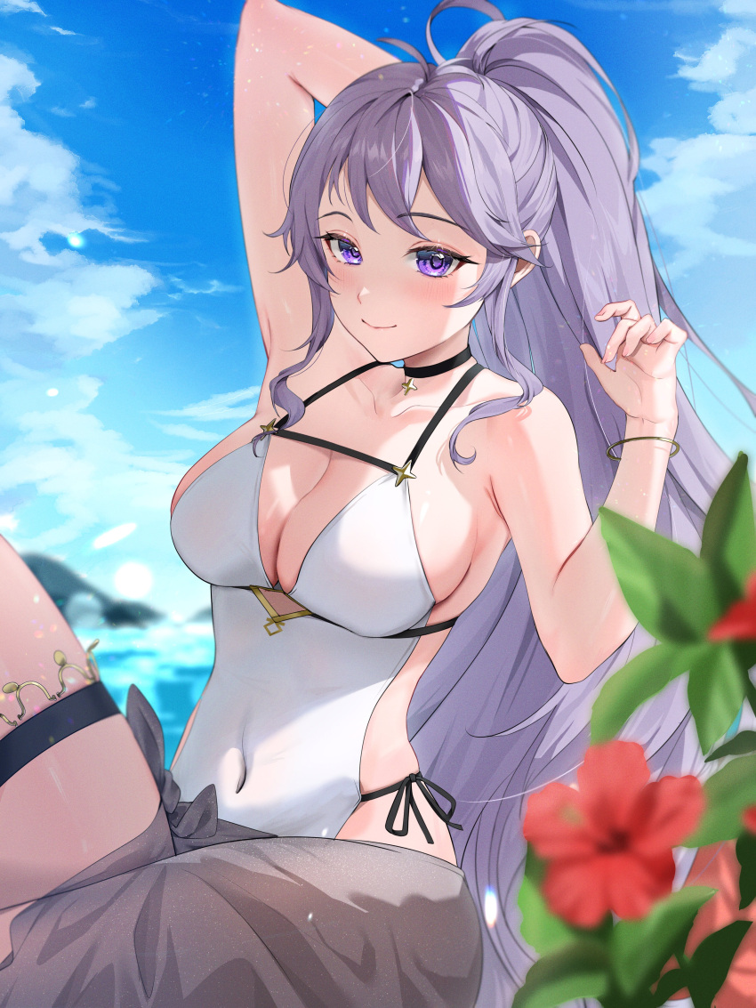 1girls absurdres alternate_costume beach blue_sky blush breasts cleavage closed_mouth commentary commission covered_navel day english_commentary female female female_only fire_emblem fire_emblem:_genealogy_of_the_holy_war flower grey_sarong highres ishtar_(fire_emblem) large_breasts long_hair looking_at_viewer monokawa_(iurl1z) nintendo one-piece_swimsuit outdoors ponytail purple_eyes purple_hair sarong second-party_source sideboob sky smile solo swimsuit very_long_hair water white_one-piece_swimsuit white_swimsuit