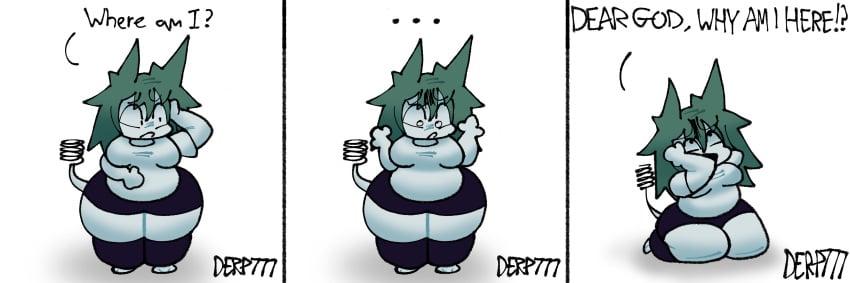 black_stockings chubby confused confused_look derp777 fat green_hair horrified lettuce_emoticon lil_lime88 mental_breakdown oversized_shirt realization scratching_head sequence shocked shocked_expression speech stockings tagme tail text white_background white_shirt