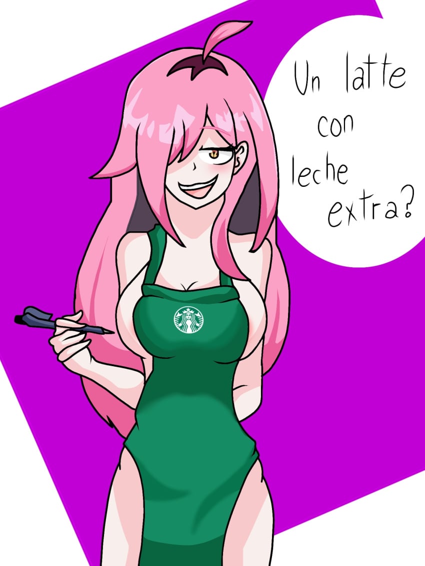 1girls big_breasts blush breasts darixhn employee employee_uniform latam_virtual_youtuber long_hair maid neneefthy pink_hair rnlatam_virtual_youtuber smile spanish_text starbucks virtual_youtuber vtuber vtuberfanart