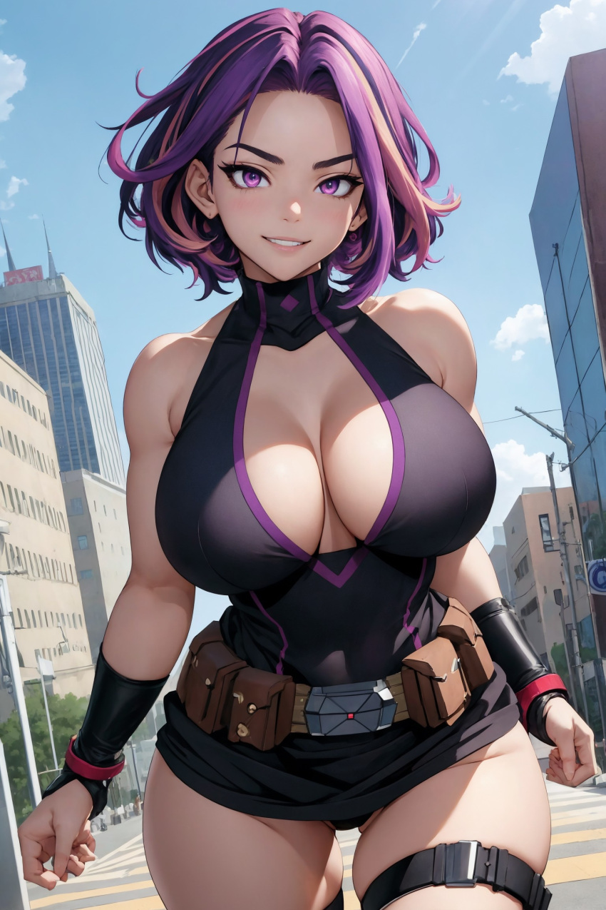 1girls ai_generated big_breasts boku_no_hero_academia boob_window breasts cleavage huge_breasts jinzo1993 kaina_tsutsumi lady_nagant looking_at_viewer my_hero_academia purple_eyes purple_hair short_hair solo thighs