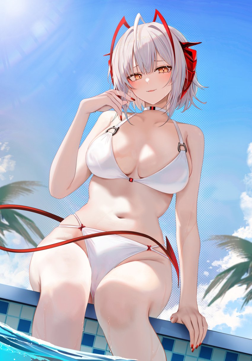 arknights arm_support big_breasts bikini blush cameltoe choker large_breasts nail_polish painted_nails red_nails ru_zhai sitting smug smug_face smug_smile thighs w_(arknights) white_bikini