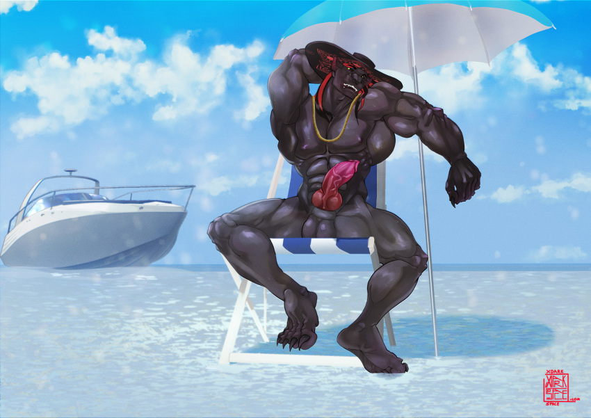 5_toes abs animal_genitalia anthro balls beach beach_chair black_body black_sclera bodily_fluids canid canid_demon canine claws clothing cloud demon digital_media_(artwork) erection feet genital_fluids genitals hair hair_dye hat headgear headwear hellhound hi_res humanoid_feet jewelry knot long_hair male mammal muscular muscular_anthro muscular_male mythological_canine mythological_creature mythology necklace nipples nude open_mouth pecs penis plantigrade raised_arm shaded shallow_water sheath sitting sky skyscape solo sombrero spread_legs spreading stretching summer sweat sweatdrop teeth teeth_showing toes umbrella vehicle water watercraft xdarkspace yacht yellow_eyes