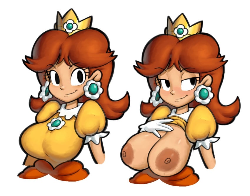 2024 accurate_art_style big_breasts black_eyes blush breasts brown_hair crown earrings female female_focus female_only flashing_breasts gloves lewdmcgill looking_away mario_(series) mario_and_luigi_(series) nintendo nipples princess_daisy shirt_lift white_background