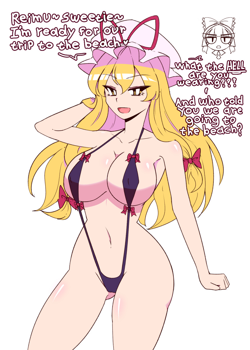 blonde_hair eosd2002 hakurei_reimu hat large_breasts milf reimu_hakurei slingshot_swimsuit swimsuit text touhou white_background yukari's_gap_bikini_(meme) yukari_yakumo