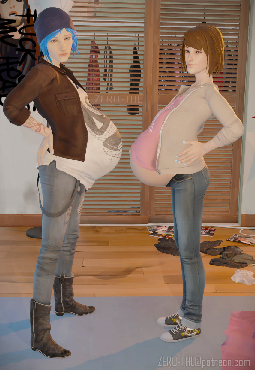 2girls 3d big_belly chloe_price comparing_belly life_is_strange max_caulfield posing pregnant pregnant_belly zero-thl