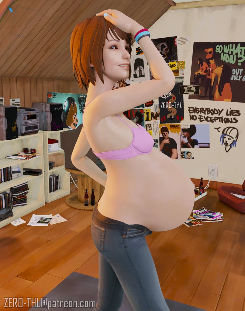 3d belly_button big_belly bra female life_is_strange max_caulfield pink_bra posing pregnant pregnant_belly smile zero-thl