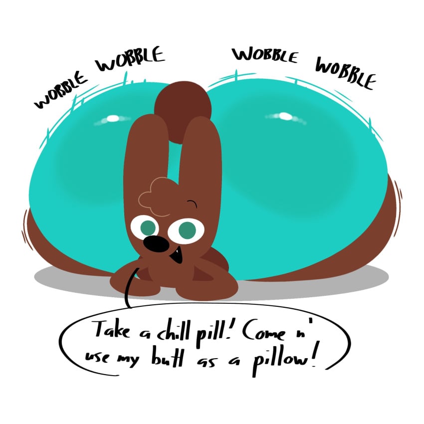 aqua_shorts black_nose breathotter brown_fur brown_tail bulge bulge_through_clothing bunny chocolate_bunny cocoa_the_bunny huge_ass huge_butt hyper_ass hyper_butt hyper_thighs lying_on_stomach massive_ass oc original_character shaking_butt text wiggle_lines wiggling_ass