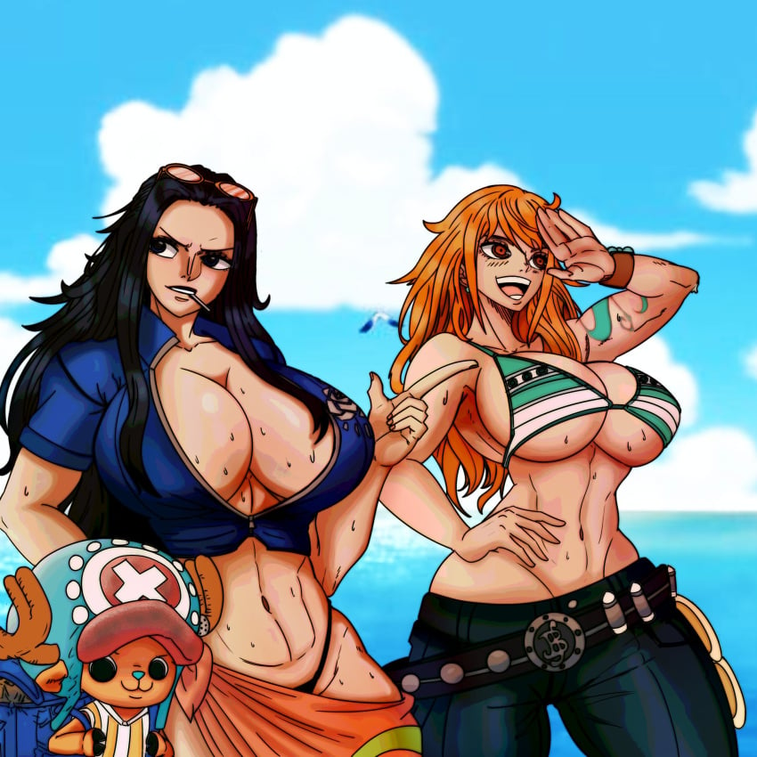 1boy 1girls 2girls bare_arms bare_shoulders big_breasts bikini black_hair blue_eyes blush bra color female furry hat hi_res inner_sideboob jeans large_breasts light-skinned_female light_skin long_hair male male/female master_dcj nami nami_(one_piece) nico_robin one_piece orange_eyes orange_hair post-timeskip sarong shounen_jump striped_bikini sunglasses sunglasses_on_head sweat tagme thick_thighs tony_tony_chopper