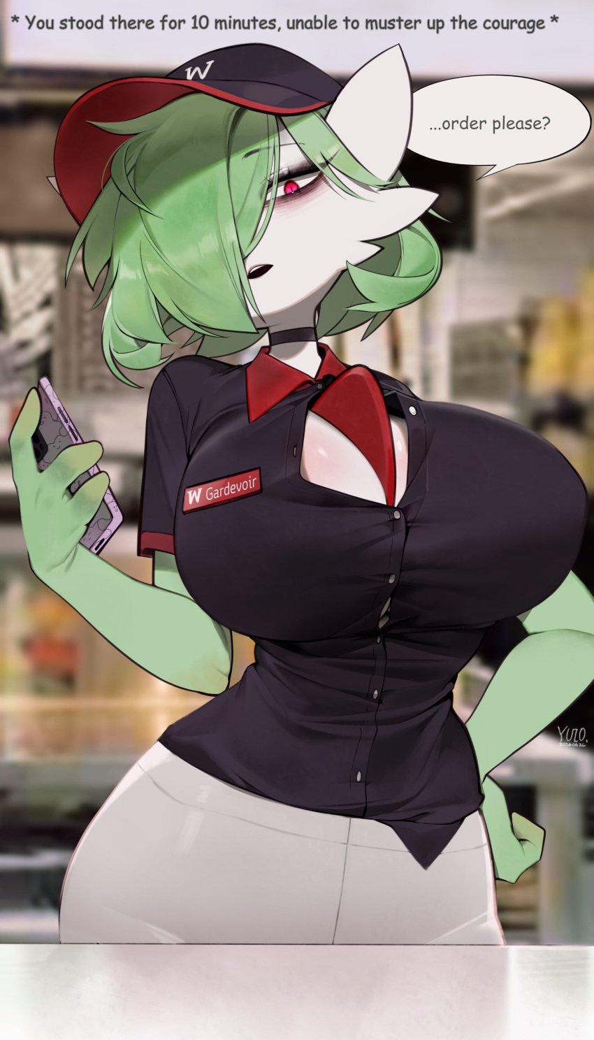 1girls anthro anthro_only breasts chest_spike cleavage clothed dialogue english_text female gardevoir generation_3_pokemon green_hair hair_over_one_eye hat hi_res huge_breasts naughty_face nintendo pokémon_(species) pokemon pokemon_(species) red_eyes short_hair white_body yuio