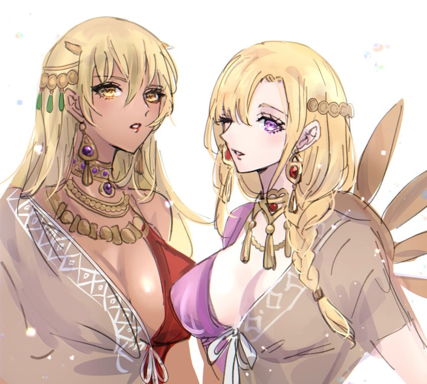 2girls alternate_costume blonde_hair braid breasts cleavage dark-skinned_female dark_skin earrings eyelashes female female_only fire_emblem fire_emblem:_the_binding_blade fire_emblem:_the_blazing_blade fire_emblem_heroes helen_(helen2210hk) highres igrene_(fire_emblem) igrene_(sworn_protector)_(fire_emblem) jewelry large_breasts long_hair looking_at_viewer louise_(fire_emblem) louise_(sworn_protector)_(fire_emblem) multiple_girls necklace nintendo official_alternate_costume one_eye_closed parted_lips purple_eyes single_bare_shoulder upper_body white_background yellow_eyes