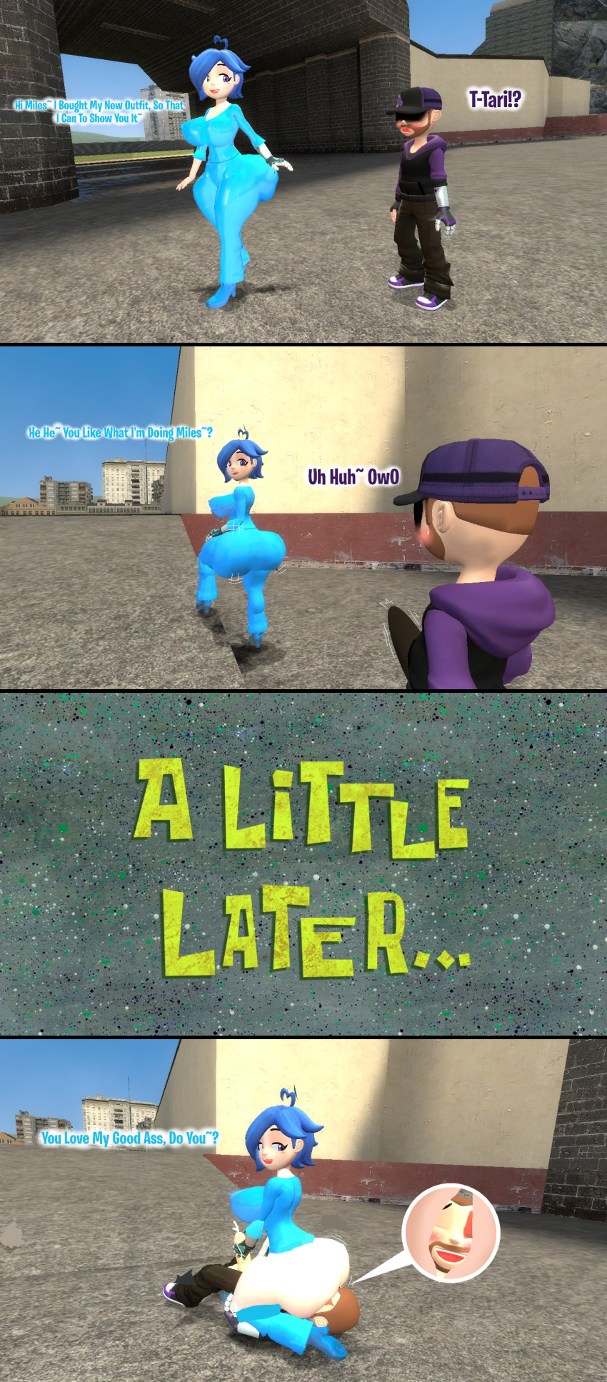 3d 3d_(artwork) ass_cheeks ass_on_face big_ass big_breasts boner_in_pants bubble_butt comic cumming deekystjohn dialogue facesitting garry&#039;s_mod gmod kaibernation miles_broflovski_(deekystjohn) pants_down rubbing_penis shiny_clothes smg4 tari_(smg4) text twerking