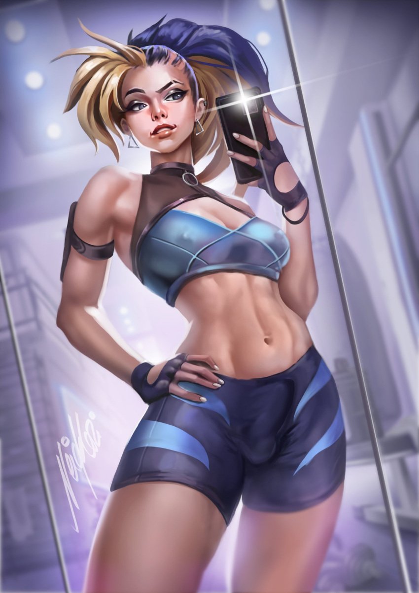 1futa akali akali_jhomen_tethi ball_bulge balls balls_under_clothes blonde_hair breasts bulge bulge_through_clothing cameltail clothed clothing erect_nipples erection erection_under_clothes fully_clothed futa_only futanari gym gym_clothes human k/da_all_out_akali k/da_all_out_series league_of_legends light-skinned_futanari light_skin long_hair medium_breasts mirror_selfie neiakori nipple_bulge penis penis_bulge penis_under_clothes solo standing