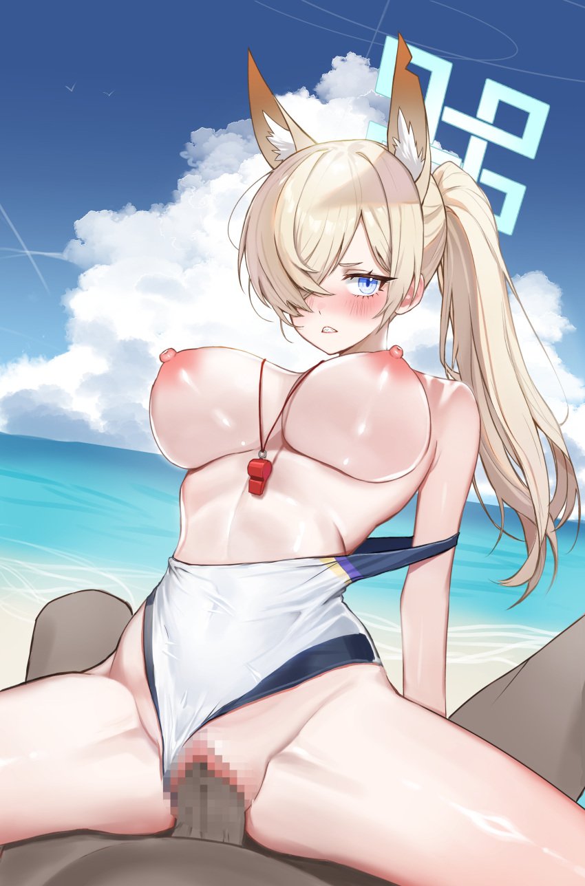 1boy 1girls absurdres animal_ear_fluff animal_ears beach blonde_hair blue_archive blue_eyes blue_halo blush breasts censored clenched_teeth clothing_aside competition_swimsuit dark-skinned_male dark_skin day dog_ears extra_ears female hair_over_one_eye halo highres hovaku kanna_(blue_archive) kanna_(swimsuit)_(blue_archive) large_breasts light-skinned_female light_skin long_hair mosaic_censoring nipples ocean official_alternate_costume one-piece_swimsuit outdoors penis ponytail public_peace_bureau_(blue_archive) pussy sex straight swimsuit swimsuit_aside teeth vaginal_penetration valkyrie_police_school_student whistle whistle_around_neck white_one-piece_swimsuit