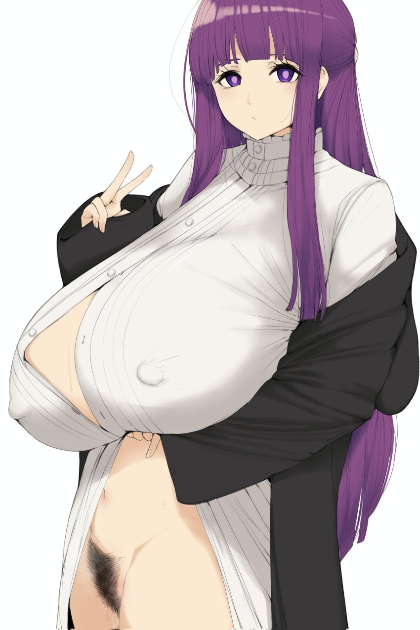 1girls absurdres aizawa_marimo black_coat breasts breasts_day coat covered_nipples cowboy_shot dot_mouth dress dress_lift erect_nipples_under_clothes female female_only female_pubic_hair fern_(sousou_no_frieren) gigantic_breasts highres huge_breasts lifted_by_self lifting_own_clothes long_hair partially_unbuttoned peace_sign presenting pubic_hair purple_eyes purple_hair pussy_juice solo sousou_no_frieren steam unbuttoned_dress v v_sign white_background white_dress