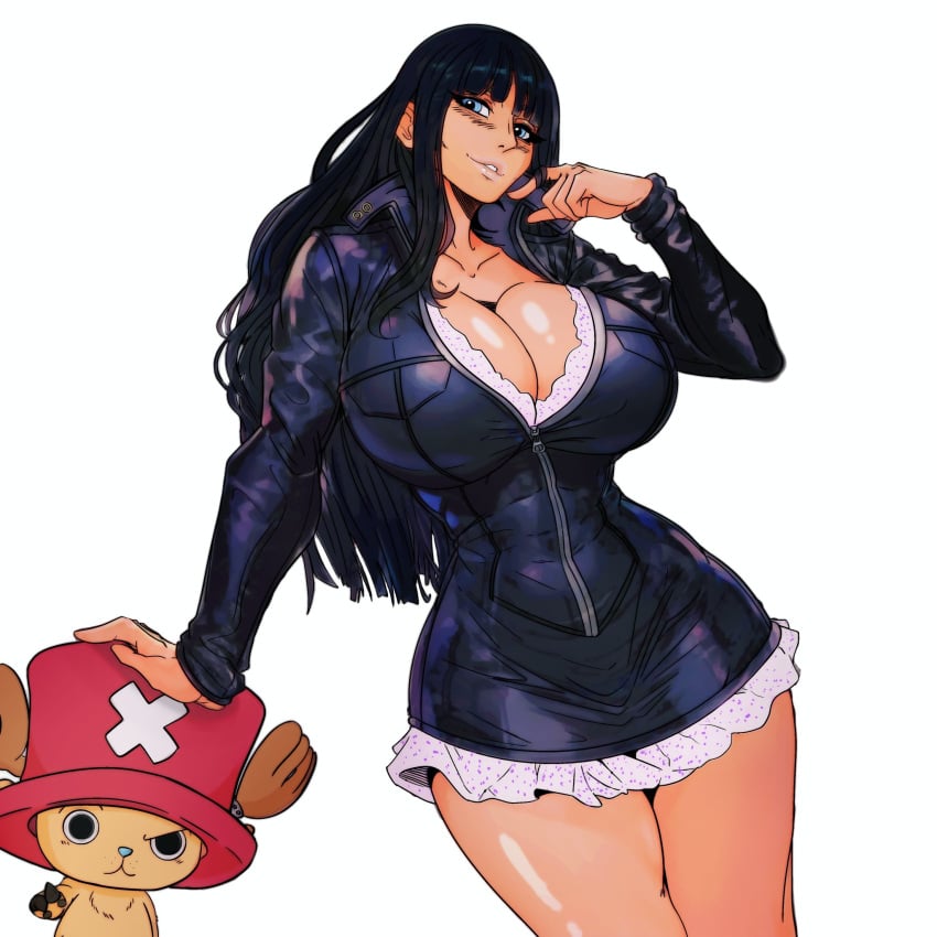 1boy 1girls bare_legs bare_thighs big_breasts black_hair blue_eyes blush clothed clothing color female hat hi_res inner_sideboob large_breasts light-skinned_female light_skin long_hair looking_at_viewer male male/female master_dcj nico_robin one_piece pre-timeskip shounen_jump tagme thick_thighs tony_tony_chopper touching_hair water_7