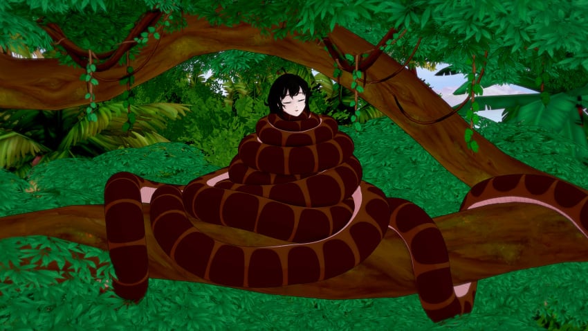 3d ahoge black_hair coiling crossover hypnosis jungle kaa long_hair milf mind_control mrkoiru outdoors raven_branwen rwby sleeping snake the_jungle_book