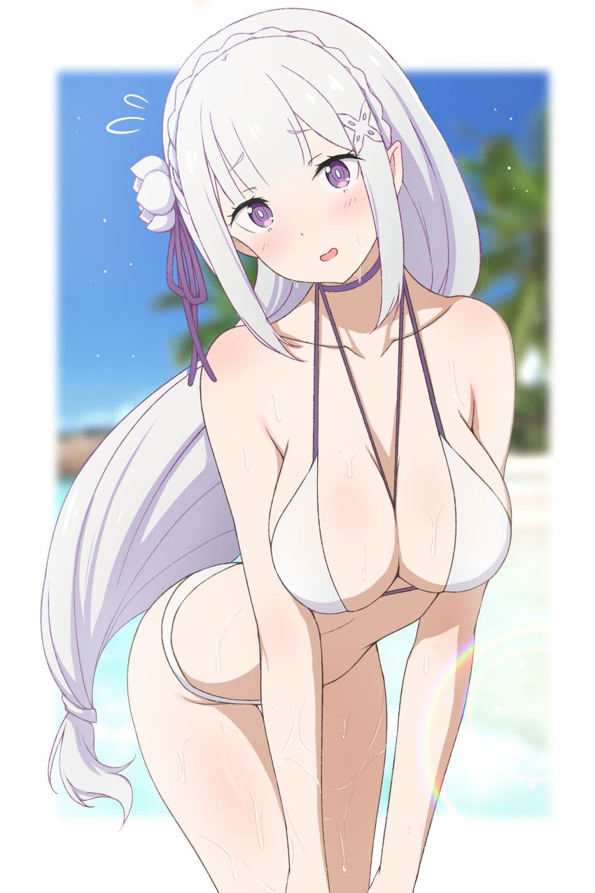 1girls beach belly breasts breasts cleavage elf elf_ears elf_female elf_girl emilia_(re:zero) fz064 half_naked hips leaning_forward looking_at_viewer muke_(fz064) partially_clothed purple_eyes re:zero_kara_hajimeru_isekai_seikatsu silver_hair solo solo_female standing swimsuit thighs wet