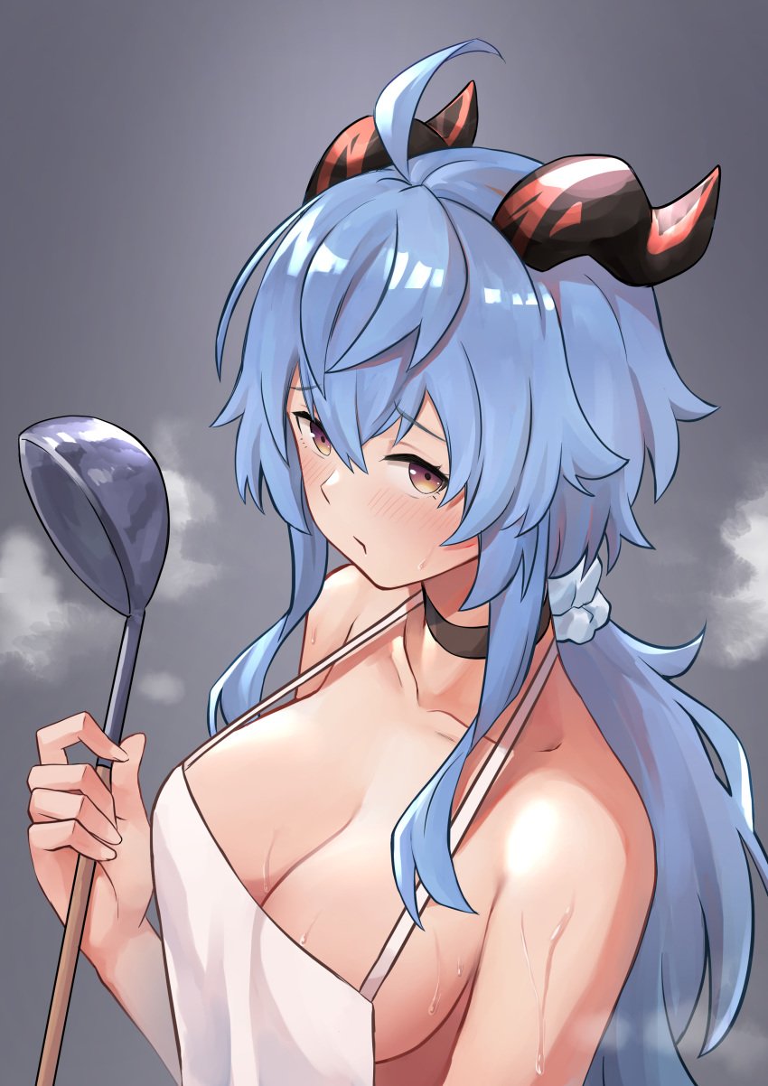 1girls absurd_res absurdres adult ahoge bare_arms bare_chest bare_hands bare_shoulders bare_skin black_choker black_horn black_horns blue_eyebrows blue_hair blue_hair_female blush blush_lines blushing_at_viewer blushing_female bonz_(bonz0616) breasts brown_eyes brown_eyes_female choker cleavage collarbone dot_nose embarrassed embarrassed_female eyebrows_visible_through_hair female female_focus female_only fingernails fingers ganyu_(genshin_impact) genshin_impact gradient_background grey_background hair_between_eyes half_naked high_resolution highres horn horns light-skinned_female light_skin long_hair looking_at_viewer medium_breasts ponytail red_horn red_horns shoulders sideboob simple_background slender_body slender_waist slim_girl slim_waist solo standing sweat sweatdrop sweating sweaty sweaty_arms sweaty_body sweaty_breasts sweaty_face thin_waist upper_body